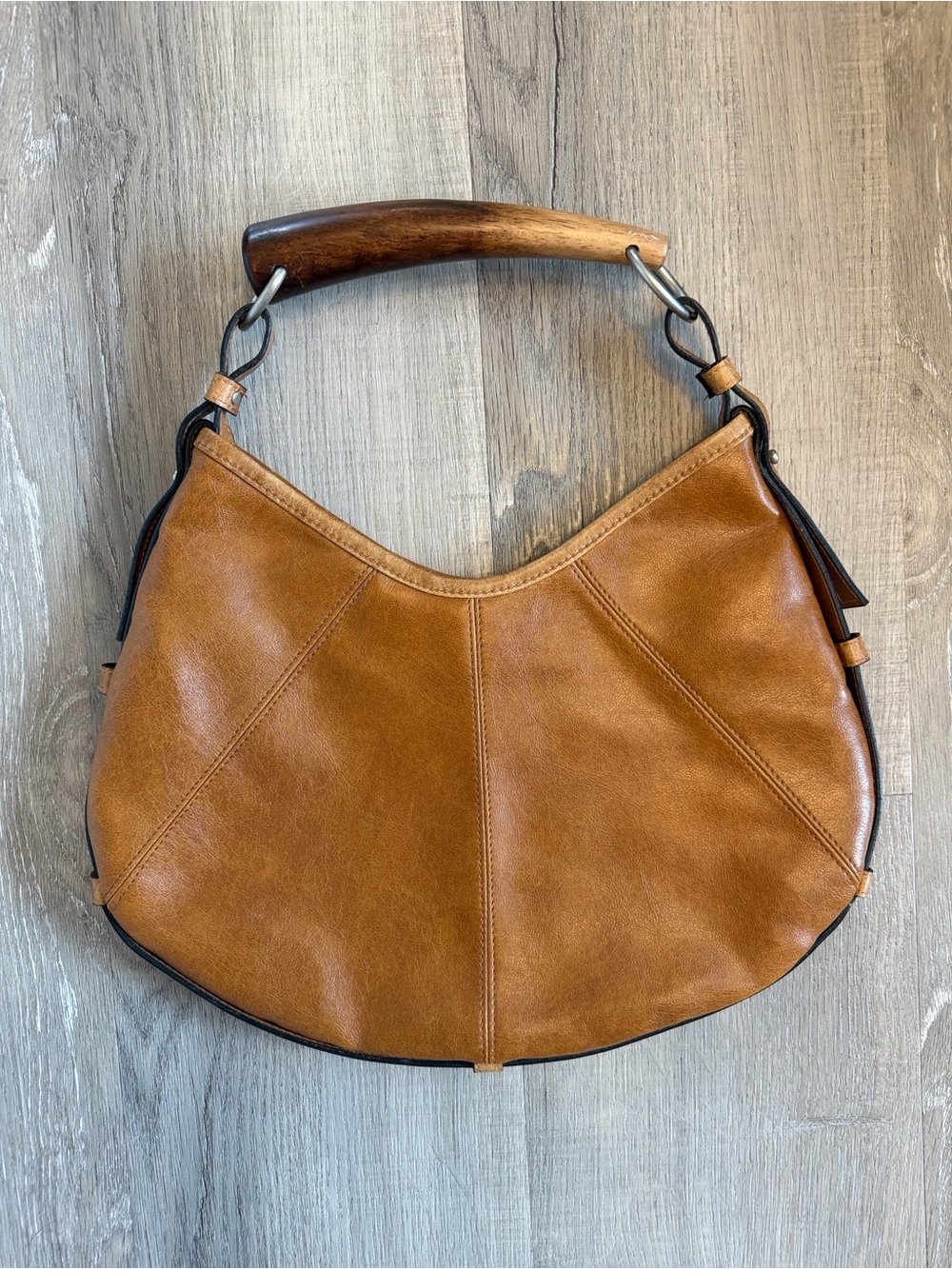 Tan Leather Western Shoulder Bag with Wooden Handle